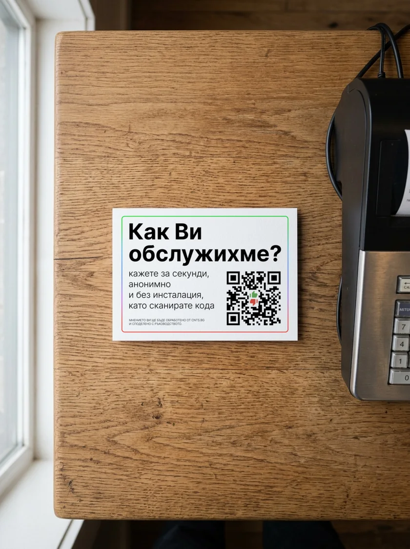 Печатен стикер «Как Ви обслужихме?» на касата на кафене